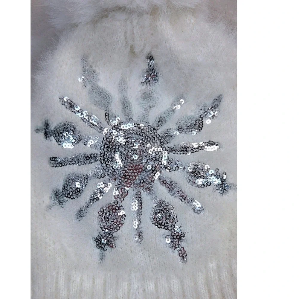 Snowflake Beanie Kids Fuzzy Knit OS White Sequin Pom Pom Hat Y2K Winter Holiday